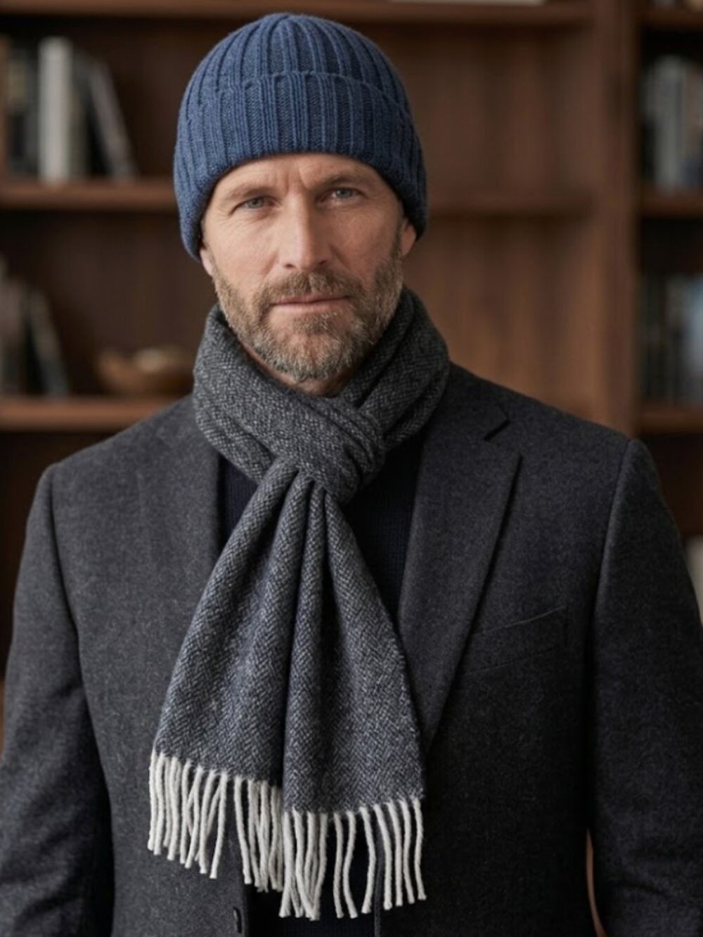 NWT NIb Men’s Italian 100% Wool Scarf & Beanie Set  Made in Italy Navy Gray
